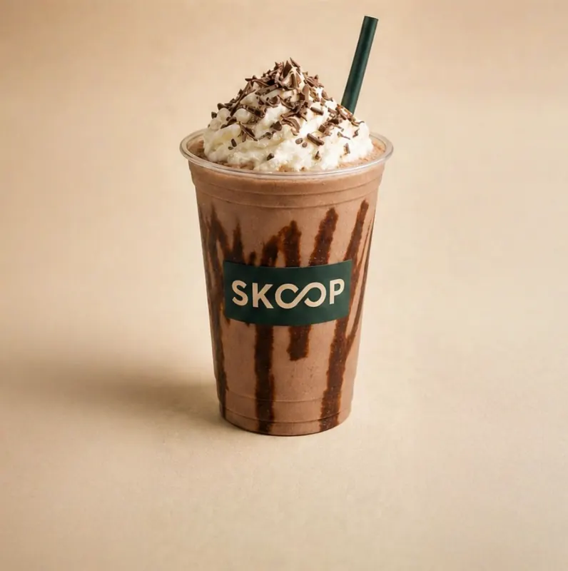 Gobelet SKOOP de milkshake au chocolat, chantilly et copeaux